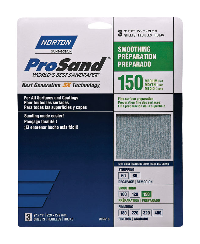 Norton Norzon Plus 3X High Performance Sheet Pack, Paper Backing, Aluminum Oxide, 9" Width, 11" Length, Grit 150 (Pack of 3)