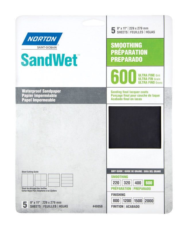 Norton 48058 Sandwet 5-Pack Sandpaper 600 Grit, 9-Inch x 11-Inch Sheets, 1-Pack