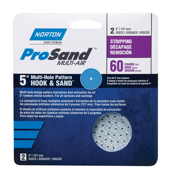 Norton 3X High Performance Hook and Sand Paper Discs with 5 and 8 Universal Vac Hole, Ceramic Alumina, 5" Diameter, Grit P60 Coarse (Pack of 2) 07660703233