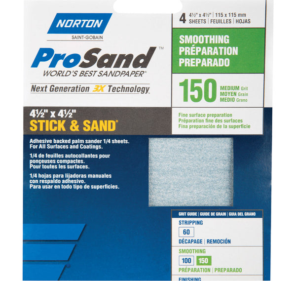 Norton A259 3X High Performance Stick and Sand Sanding Sheet, Aluminum Oxide, 4-1/2" Length x 4-1/2" Width, Grit P150 Fine (Pack of 4) 07660768183