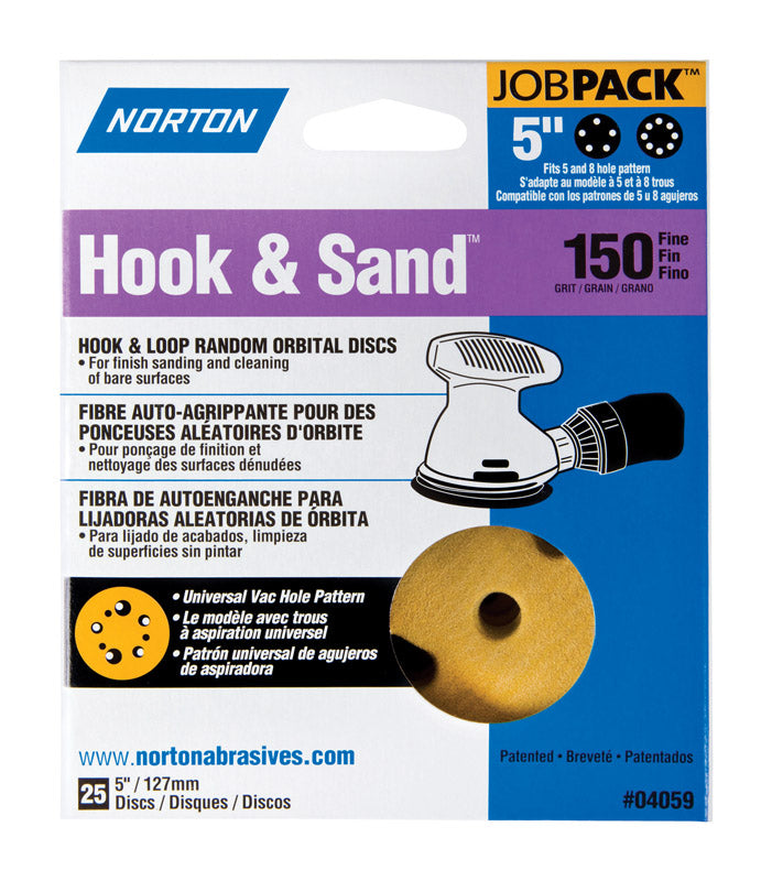 Norton Hook & Sand Hoop and Loop Disc, Paper Backing, Hook and Loop, Aluminum Oxide, 5 Hole Count, 5 inches Diameter, P150 Grit Size (Pack of 25)