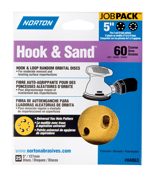Norton 60 Grit Hook & Sand 5" 5 & 8 Hole Hook & Loop 07660704063