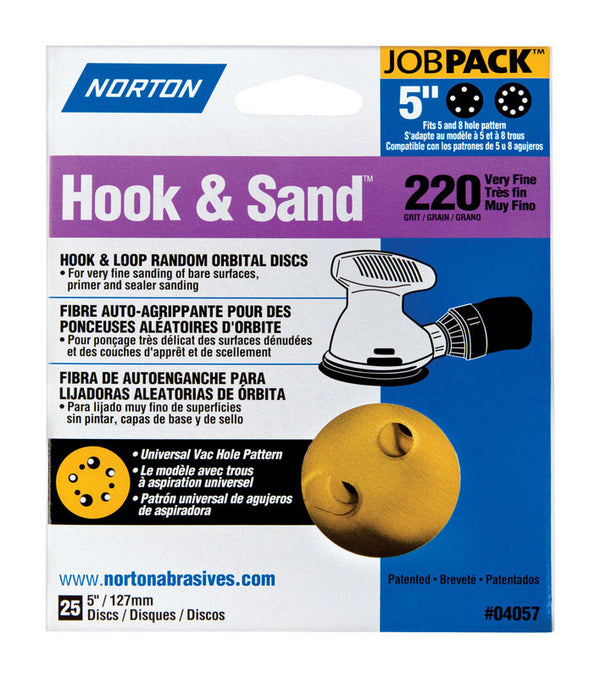 Norton Hook & Sand Hoop and Loop Disc, Paper Backing, Hook and Loop, Aluminum Oxide, 5 Hole Count, 5 inches Diameter, P220 Grit Size (Pack of 25) 07660704057