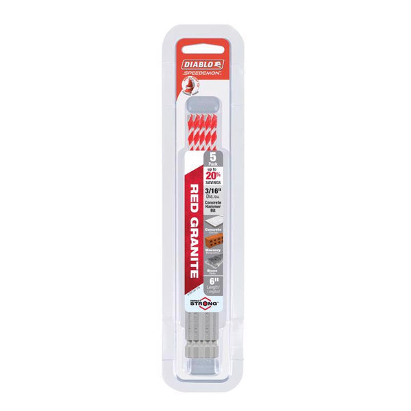 Diablo DMARG1030-P5 3/16"x4"x6" SPEEDemon Red Granite Carbide Tipped Hammer Drill Bit (5-Pk)