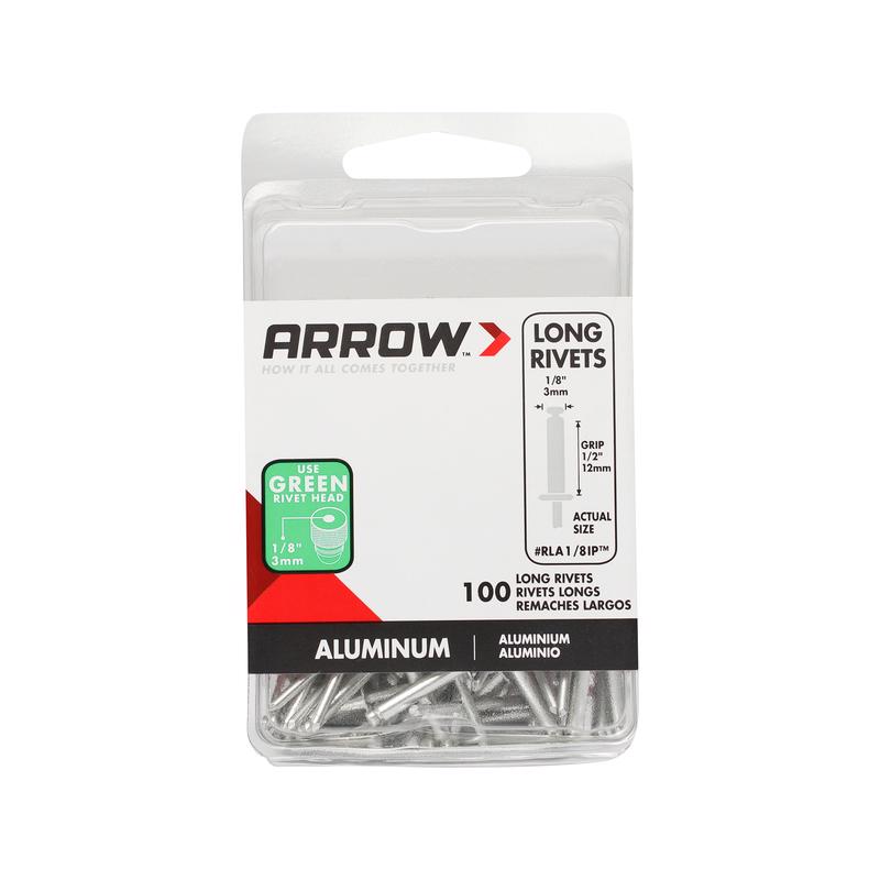 Arrow RLA1/8IP Long Aluminum 1/8-Inch Pop Rivets for Metal, Fabric, Leather, and Auto Repair, 100-Pack