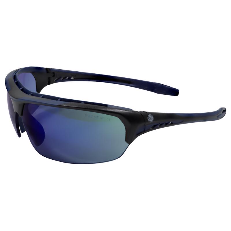 GE Safety Glasses, ANSI Z87.1, 09 Series, Anti-fog/Anti-scratch Lens, 99.9% UV Protection, EN 166, 12 Pack (Black/Blue, Blue Mirror Anti-fog)
