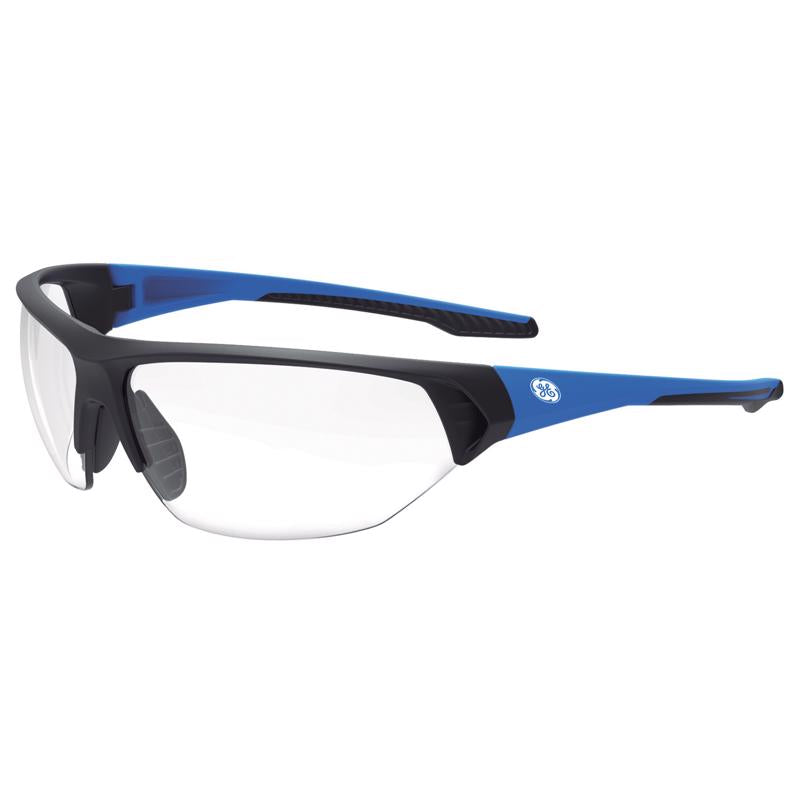 GE Safety Glasses, ANSI Z87.1, 06 Series, Anti-scratch Lens, 99.9% UV Protection, EN 166, 12 Pack (Blue/Black, Clear Anti-fog)