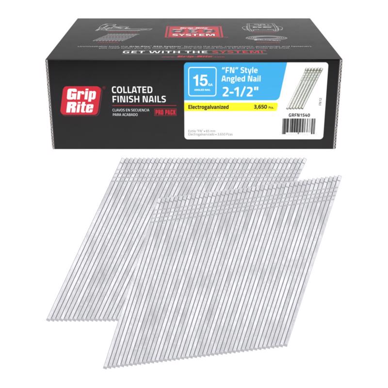Grip Rite Prime Guard GRFN1540 15 Gauge Galvanized Fn-Style Angled Finish Nails 2-1/2" (3, 650per Pack), Steel, Flat, Others
