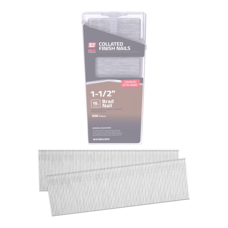 Grip Rite Prime Guard MAXB64900 1-1/2-inch 316 Stainless Steel 18-gauge Brad Nail, 500 per Belt Clip
