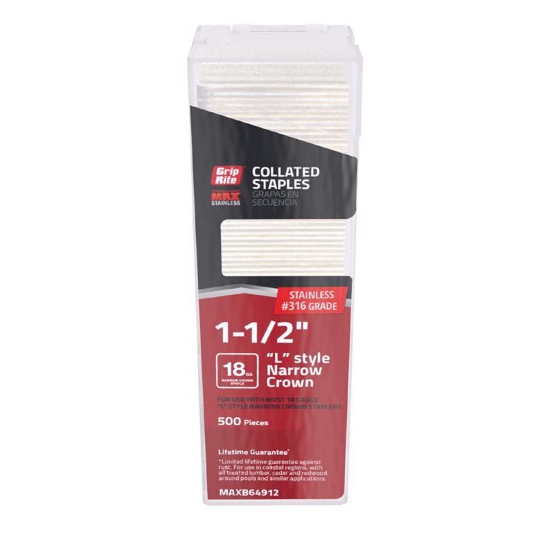 Grip Rite Prime Guard MAXB64912 1-1/2-inch 316 Stainless Steel 18 Gauge “L”-style Narrow Crown Staple, 500 per Belt Clip