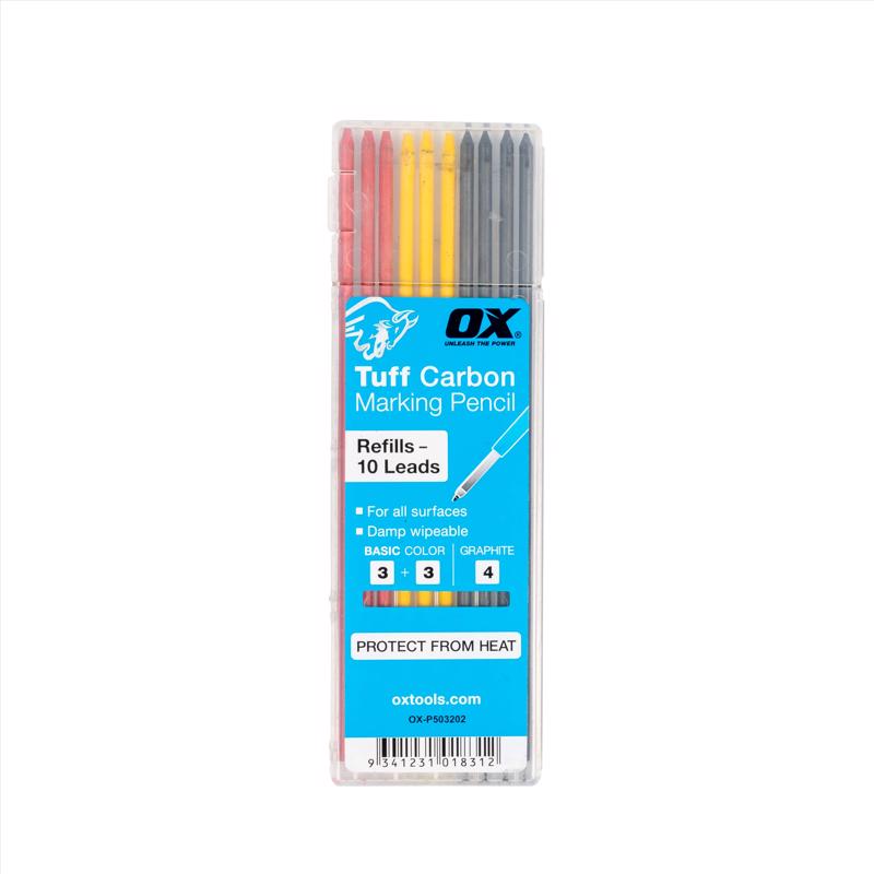 OX Tools Tuff Carbon Marking Pencil Replacement Lead 10-Pack with Red, Yellow & Graphite Lead, 2.8 mm lead, OX-P503202
