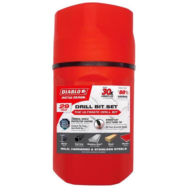 Diablo Metal Demon Drill Bit Set with Thermal Shield Protective Coating for Mild, Hardened and Stainless Steel - 29-Pieces Set - DMD-T29