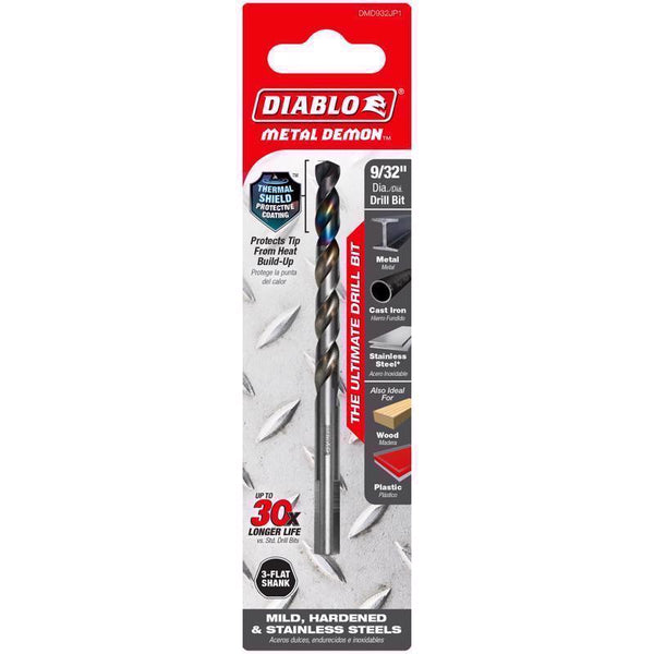Diablo Metal Demon Drill Bit with Thermal Shield Protective Coating for Mild, Hardened and Stainless Steel - 4.3 in Length, 9/32 in Dia., 3-Flats Shank - DMD932JP1