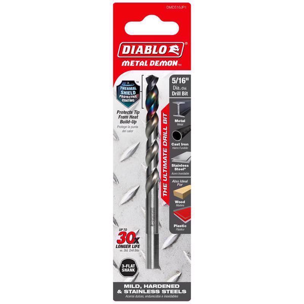 Diablo Metal Demon Drill Bit with Thermal Shield Protective Coating for Mild, Hardened and Stainless Steel - 4.6 in Length, 5/16 in Dia., 3-Flats Shank - DMD516JP1