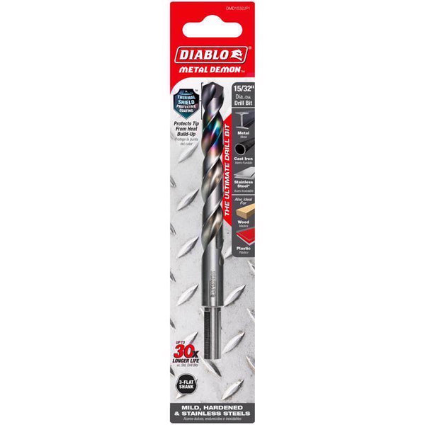 Diablo Metal Demon Drill Bits for Mild, Hardened and Stainless Steels - 15/32-Inch Diameter, 3-Flats Reduced Shank, 5.9-Inch Length - DMD1532JP1