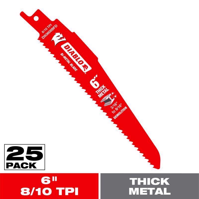 Diablo Bi-Metal Reciprocating Blades with Perma-Shield Coating for Thick Metal - 6" Length, Dual Tooth Design, 8/10 TPI, 25-Pack - DS0608BFD25