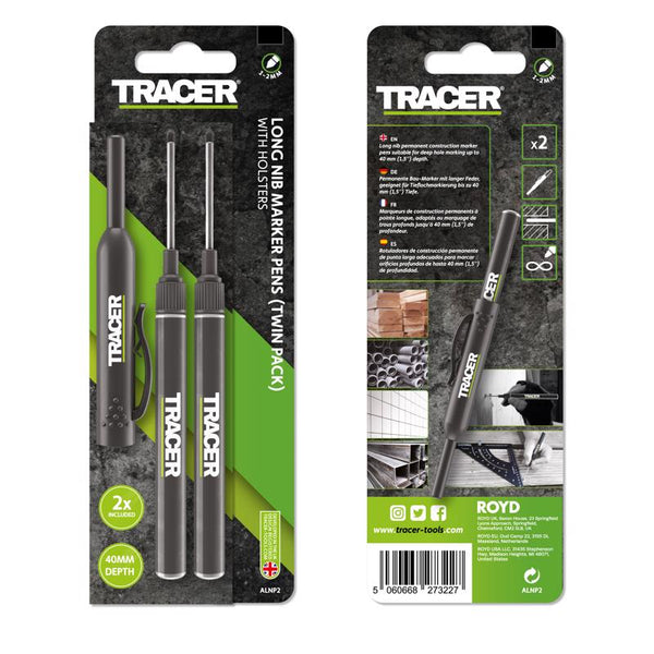 Tracer 40-50mm Long Nib Marker with Holster 2 Pack - Woodworking Tools - Deep Hole Work Pen For Wood, Plastic - Tile and Metal - Extended Nose Marking Pens Deep Nose Marker Carpenter Tools - ALNP2