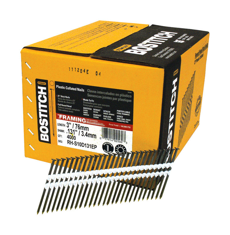 BOSTITCH Framing Nails, Round Head, 21-Degree, Plastic Collated, 3-Inch x .131Inch, 4000-Pack (RH-S10D131EP)