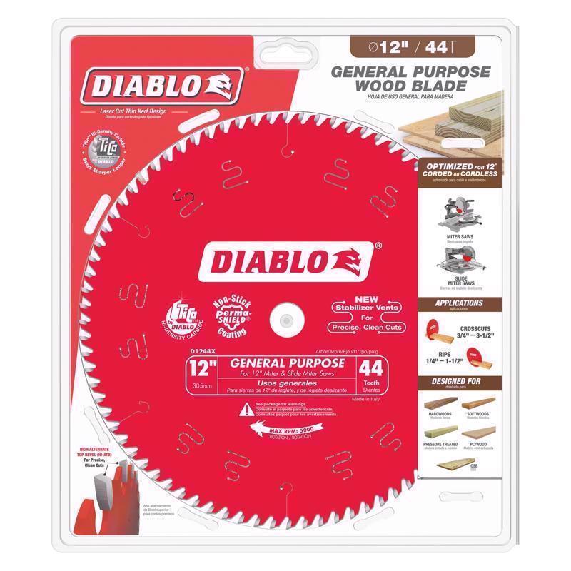 Diablo General Purpose Saw Blade for Wood - 12" Diameter, 44 ATB Teeth, 1" Arbor, .098" Kerf, 15� Hook Angle, .071mm Plate, 5000 Max RPM - D1244X