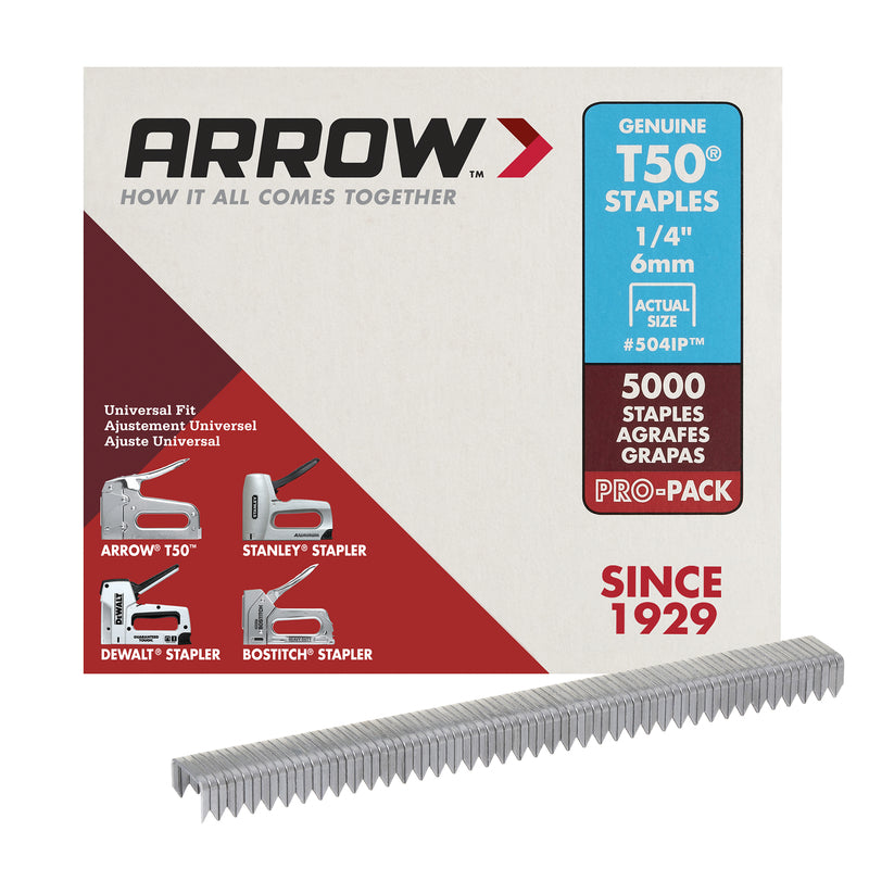 Arrow Fastener 504IP Heavy Duty T50 Staples for Upholstery, Construction, Furniture, Crafts, 3/8-Inch Crown Size, 1/4-Inch Leg Length, 5000-Pack