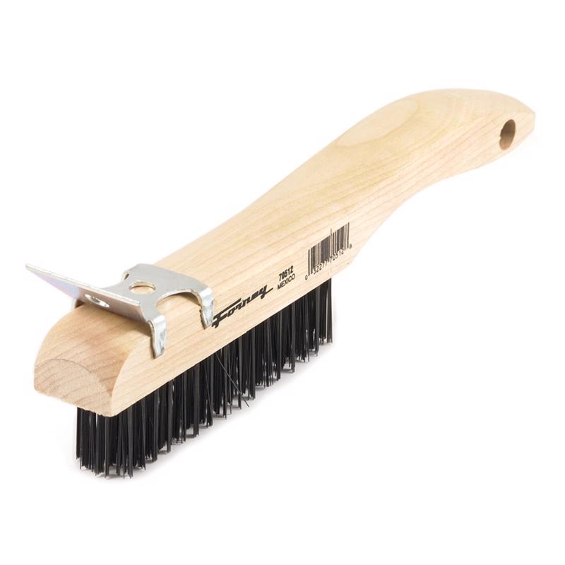 Forney 70512 Wire Scratch Brush, Carbon Steel with Wood Shoe Handle and Metal Scraper, 10-1/4-Inch-by-.014-Inch