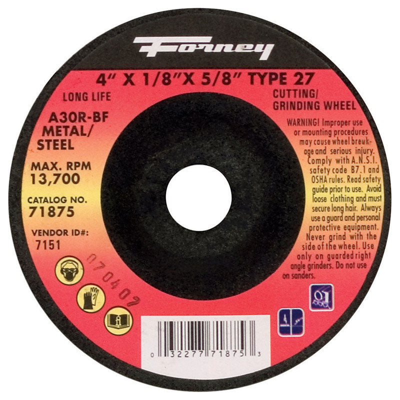 Forney 71875 Grinding Wheel with 5/8-Inch Arbor, Metal Type 27, A30R-BF, 4-Inch-by-1/8-Inch