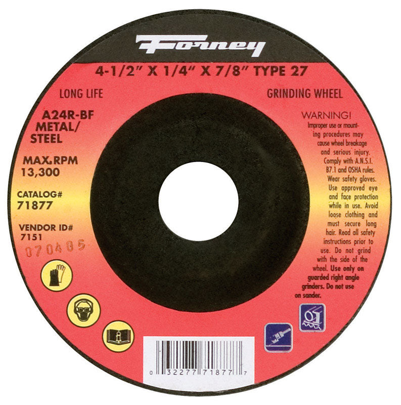 Forney 71877 Grinding Wheel with 7/8-Inch Arbor, Metal Type 27, A24R-BF, 4-1/2-Inch-by-1/4-Inch