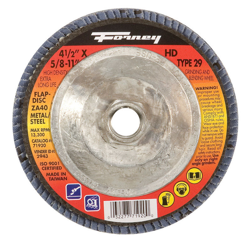 Forney 71920 Flap Disc, Type 29 Blue Zirconia with 5/8-Inch-11 Threaded Arbor, 40-Grit, 4-1/2-Inch