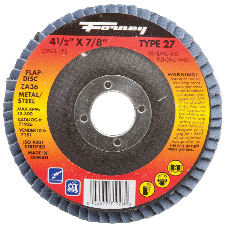Forney 71926 Flap Disc, Type 27 Blue Zirconia with 7/8-Inch Arbor, 36-Grit, 4-1/2-Inch