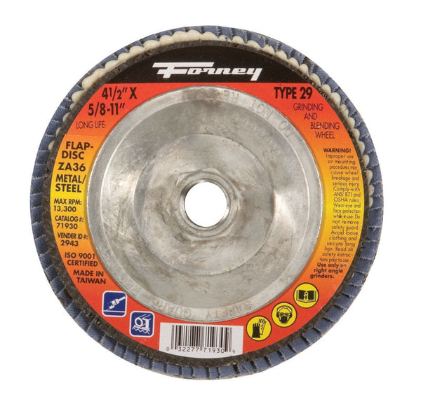 Forney 71930 Flap Disc, Type 29 Blue Zirconia with 5/8-Inch-11 Threaded Arbor, 36-Grit, 4-1/2-Inch
