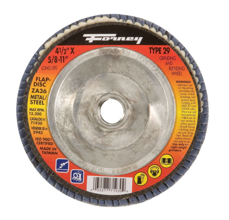 Forney 71930 Flap Disc, Type 29 Blue Zirconia with 5/8-Inch-11 Threaded Arbor, 36-Grit, 4-1/2-Inch