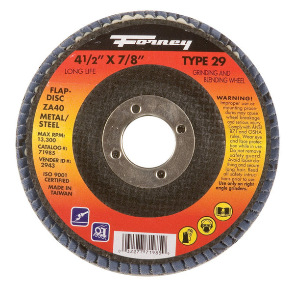 Forney 71985 Flap Disc, Type 29 Blue Zirconia with 7/8-Inch Arbor, 40-Grit, 4-1/2-Inch