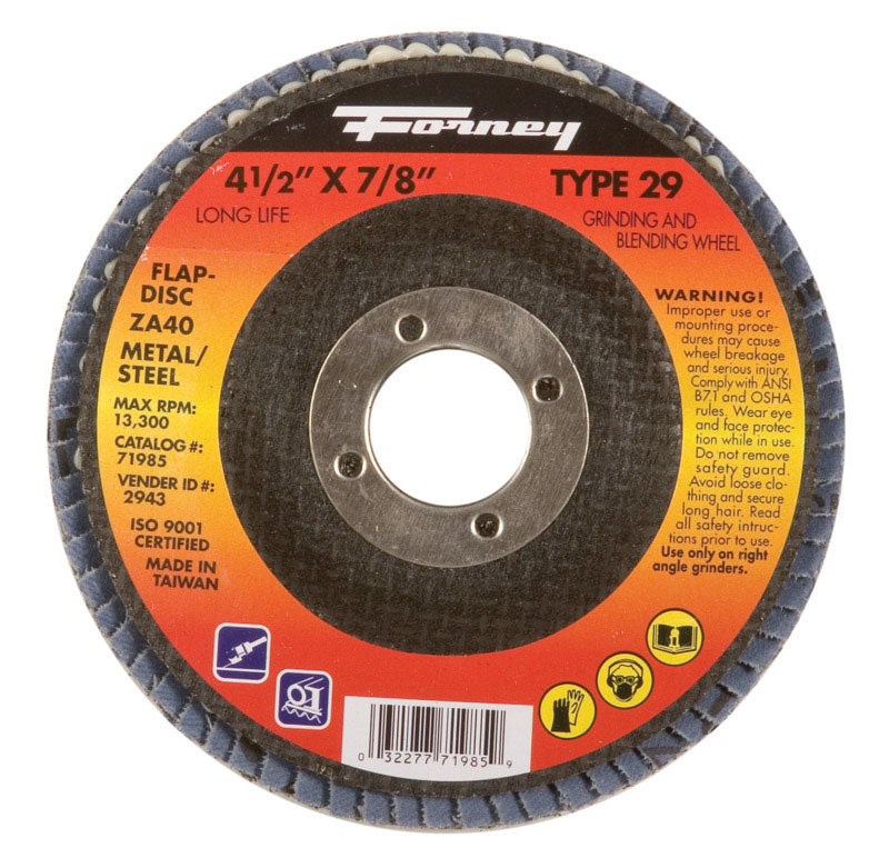 Forney 71985 Flap Disc, Type 29 Blue Zirconia with 7/8-Inch Arbor, 40-Grit, 4-1/2-Inch