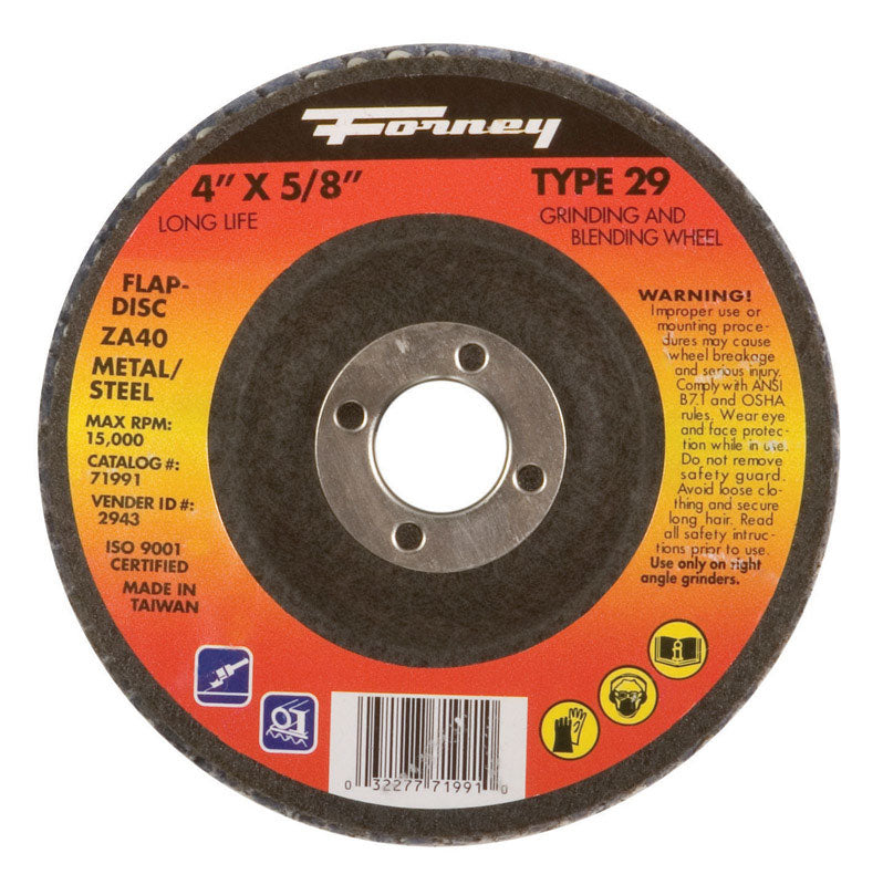 Forney 71991 Flap Disc, Type 29 Blue Zirconia with 5/8-Inch Arbor, 36-Grit, 4-Inch