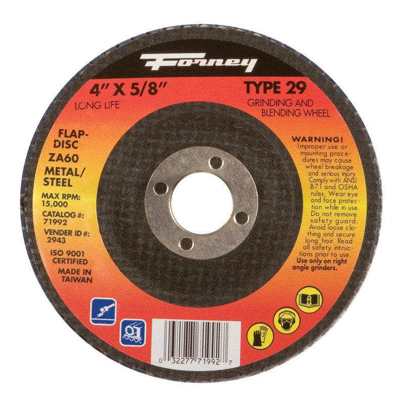 Forney 71992 Flap Disc, Type 29 Blue Zirconia with 5/8-Inch Arbor, 60-Grit, 4-Inch