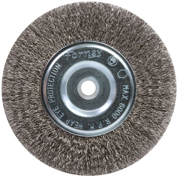 Forney 72747 Wire Bench Wheel Brush, Fine Crimped with 1/2-Inch and 5/8-Inch Arbor, 6-Inch-by-.008-Inch