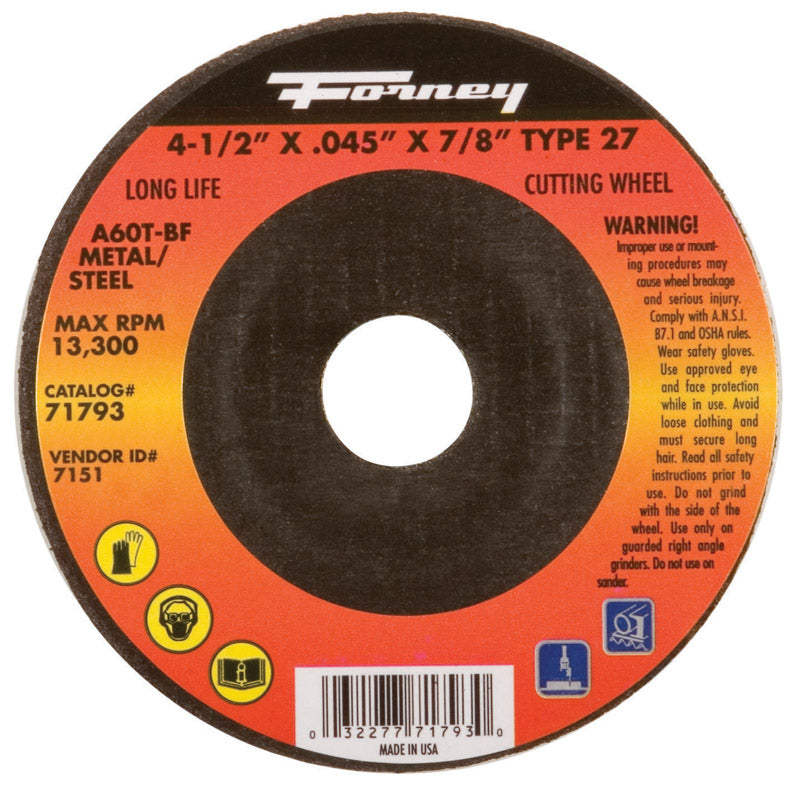 Forney 71793 Cut-Off Wheel with 7/8-Inch Arbor, Metal Type 27, A60T-BF, 4-1/2-Inch-by-00.45-Inch