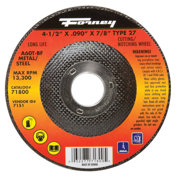 Forney 71800 Cut-Off Wheel with 7/8-Inch Arbor, Metal Type 27, A36R-BF, 4-1/2-Inch-by-0.090-Inch