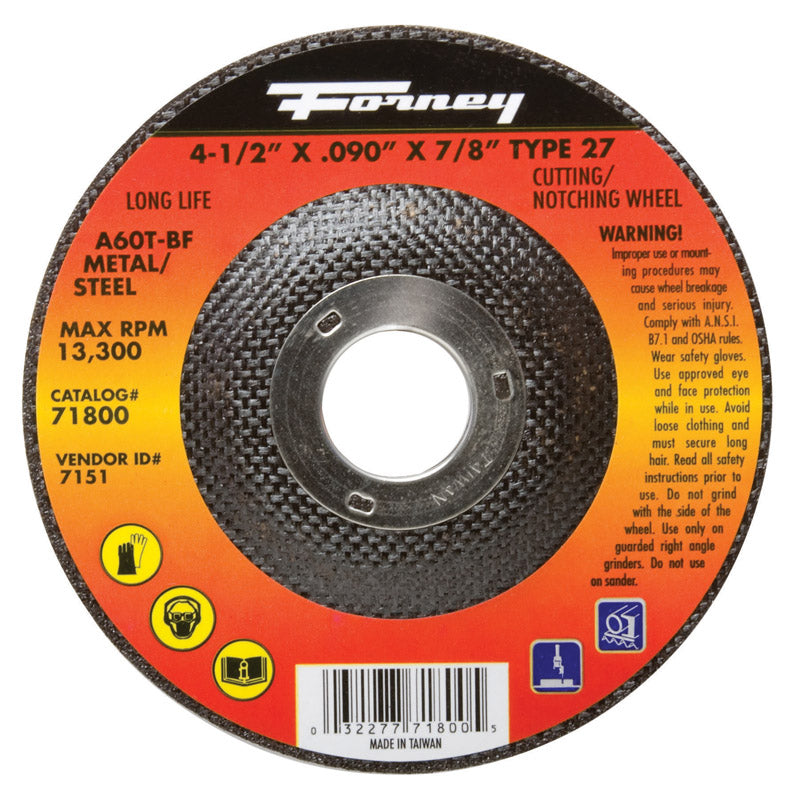 Forney 71800 Cut-Off Wheel with 7/8-Inch Arbor, Metal Type 27, A36R-BF, 4-1/2-Inch-by-0.090-Inch