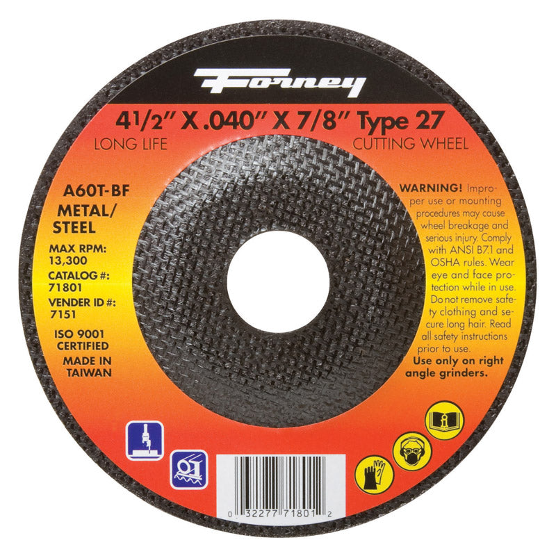 Forney 71801 Cut-Off Wheel with 7/8-Inch Arbor, Metal Type 27, A60T-BF, 4-1/2-Inch-by-0.040-Inch