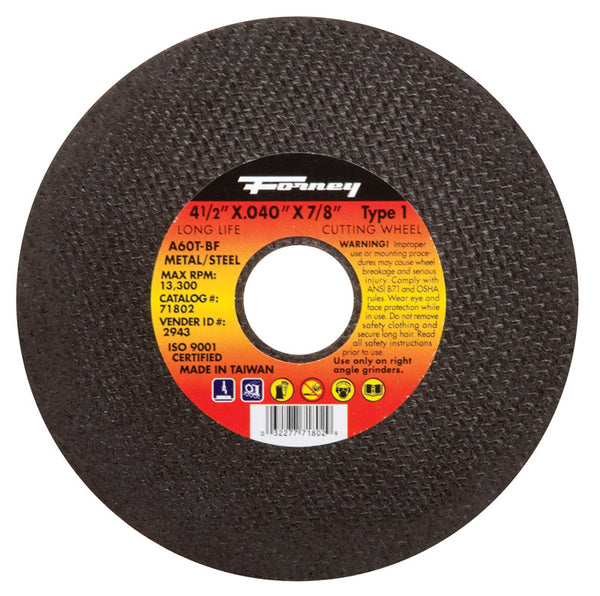 Forney 71802 Cut-Off Wheel with 7/8-Inch Arbor, Metal Type 1, A60T-BF, 4-1/2-Inch-by-0.040-Inch