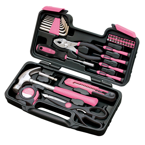 Apollo Tools Original 39 Piece General Household Tool Set in Toolbox Storage Case with Essential Hand Tools for Everyday Home Repairs, DIY and Crafts - Pink Ribbon - Pink - DT9706P
