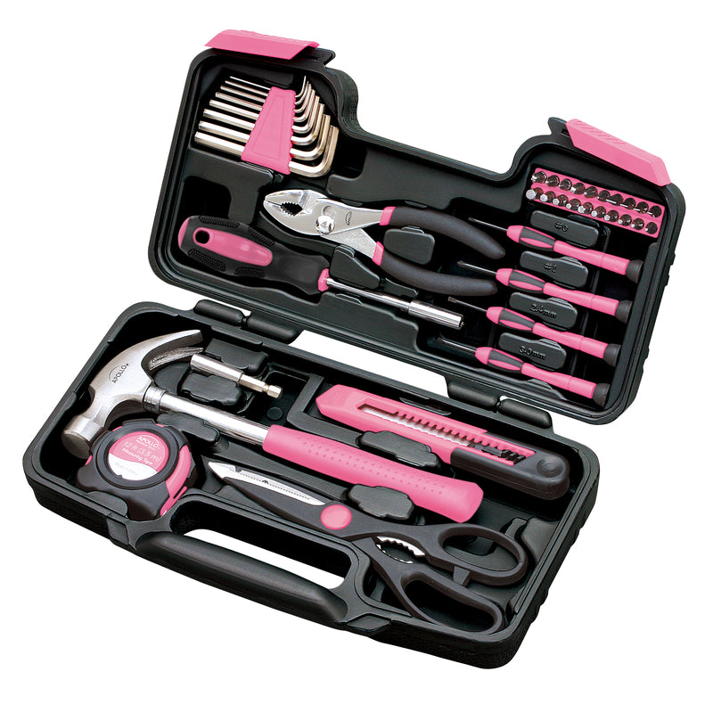Apollo Tools Original 39 Piece General Household Tool Set in Toolbox Storage Case with Essential Hand Tools for Everyday Home Repairs, DIY and Crafts - Pink Ribbon - Pink - DT9706P