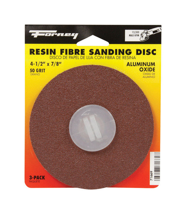 Forney 71669 Sanding Discs, Aluminum Oxide with 7/8-Inch Arbor, 4-1/2-Inch, 50-Grit, 3-Pack