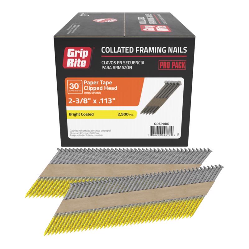 Grip-Rite GRSP8DR Cooler Clipped Head 2-3/8-inch by .113-inch by 30 Degree Paper Tape Collated Vinyl Coated Ring Shank Framing Nail, 2,500 per Box