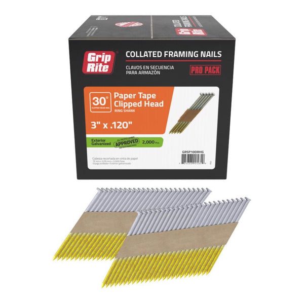 Grip-Rite GRSP10DRHG Short Clipped Head 3-Inch by .120-Inch by 30 Degree Paper Tape Collated Vinyl Coated Hot Dip Galvanized Framing Nail (2,000 per Box)