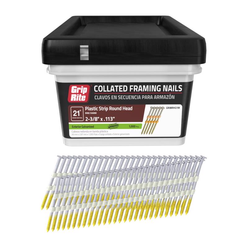 Grip-Rite GR08RHG1M 2-3/8" x .113", 21-Degree Plastic Strip Round Head Framing Nails, Ring Shank, Galvanized, 1M Plastic Tub (1000 Count)