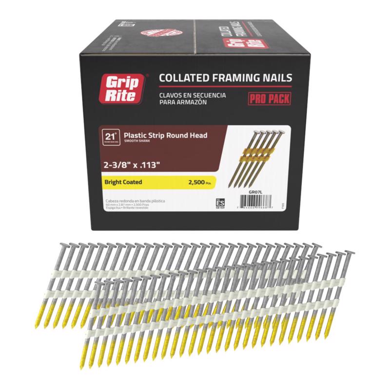 Grip Rite Prime Guard GR07L 21-deg Bright Plastic Strip Round Hd Nails, Smooth 2-3/8-inch by .113 (2,500-pk), Steel