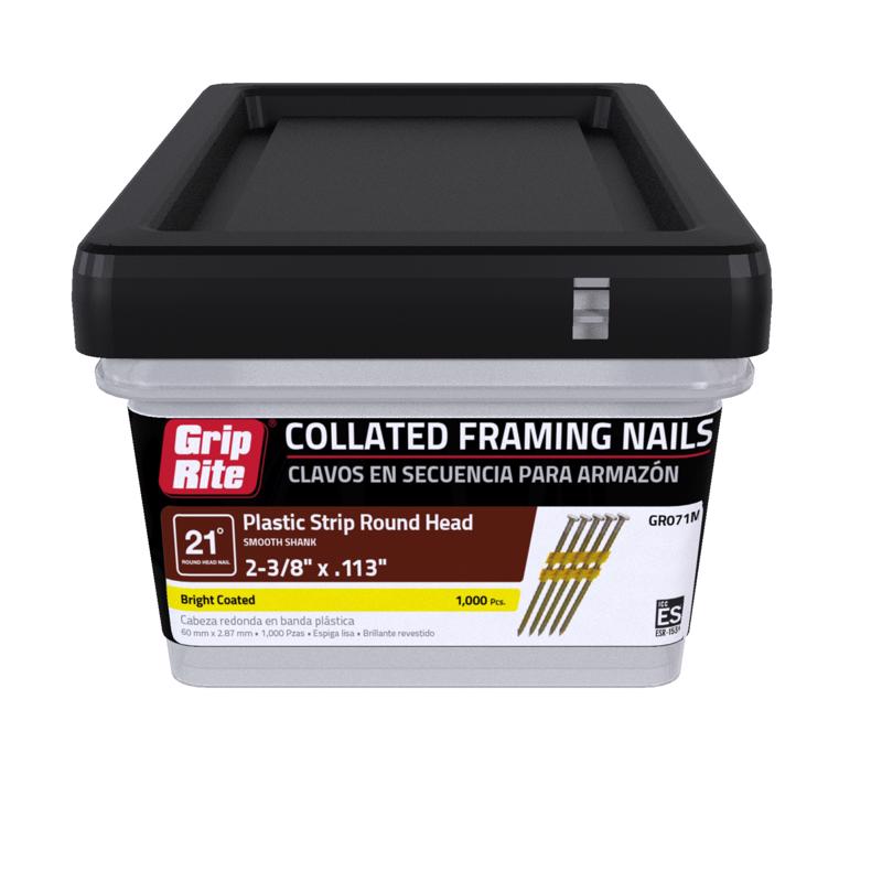 Grip Rite Prime Guard GR071M 21 Degree Plastic Strip Round Head Bright Coated Collated Framing Nails, 2-3/8" x 0.113"