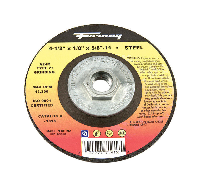 Forney 71818 Grinding Wheel with 5/8-Inch-11 Threaded Arbor, Metal Type 27, A24R, 4-1/2-Inch-by-1/8-Inch